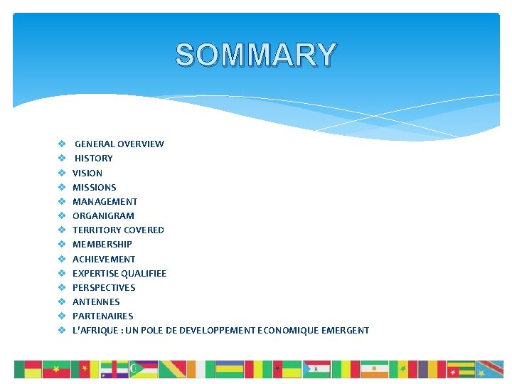 SOMMARY v v v v GENERAL OVERVIEW HISTORY VISION MISSIONS MANAGEMENT ORGANIGRAM TERRITORY COVERED