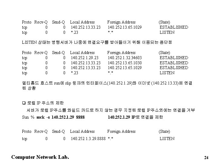 Proto Recv-Q tcp 0 Send-Q 0 0 Local Address 140. 252. 13. 33. 23