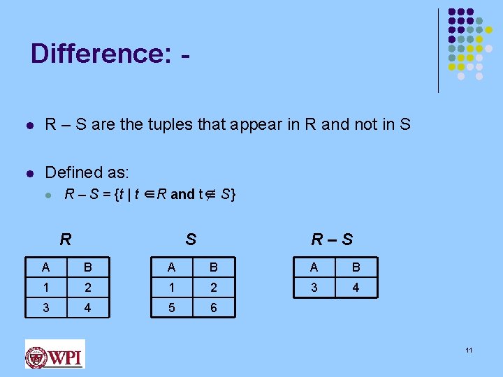 Difference: l R – S are the tuples that appear in R and not