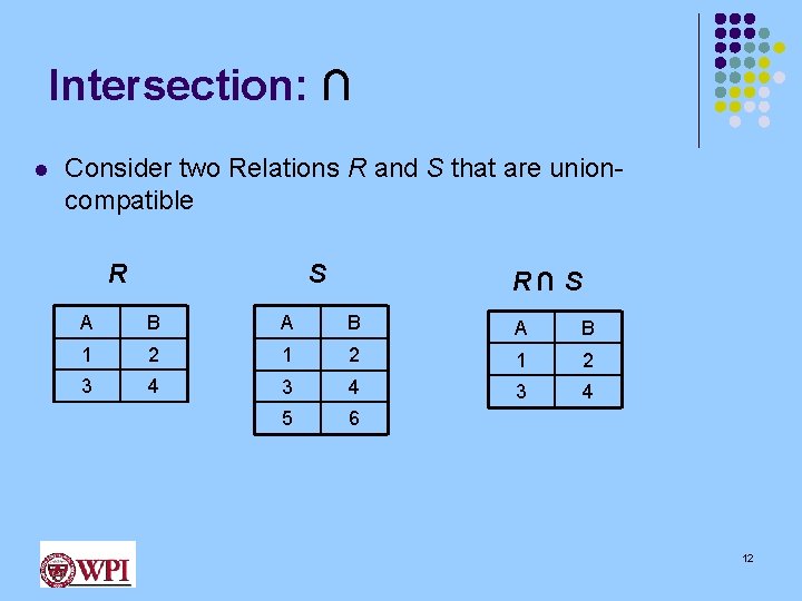 Intersection: ∩ l Consider two Relations R and S that are unioncompatible R S