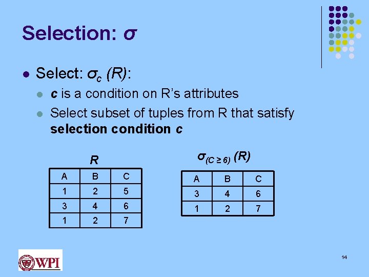 Selection: σ l Select: σc (R): l l c is a condition on R’s
