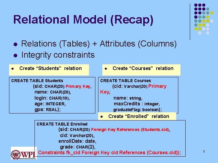 Relational Model (Recap) l l l Relations (Tables) + Attributes (Columns) Integrity constraints Create