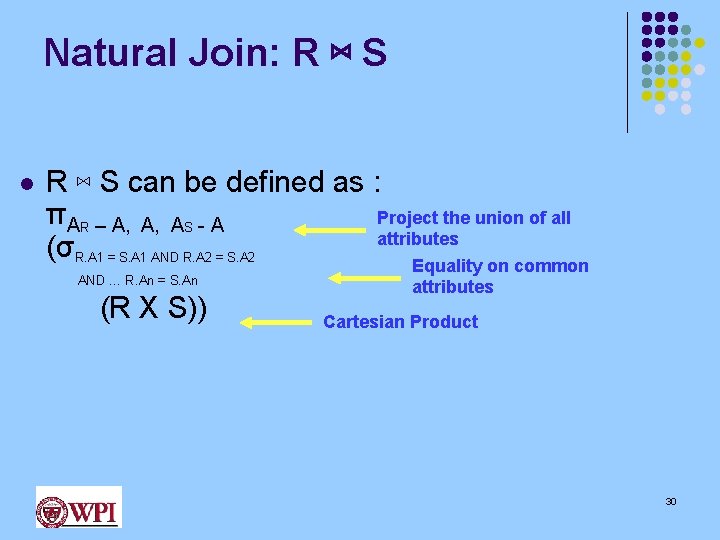 Natural Join: R ⋈ S l R ⋈ S can be defined as :