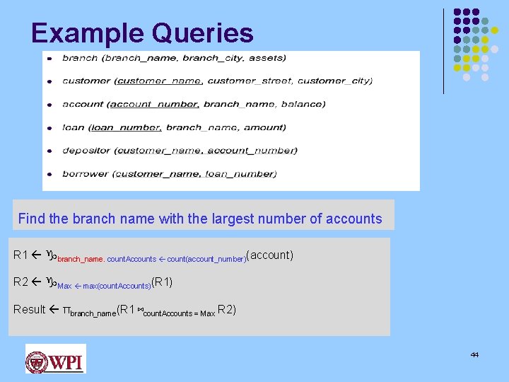 Example Queries Find the branch name with the largest number of accounts R 1