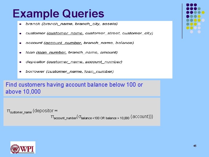 Example Queries Find customers having account balance below 100 or above 10, 000 πcustomer_name