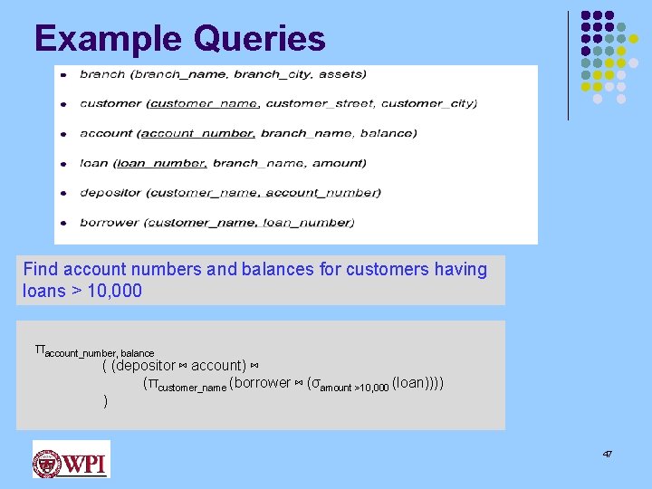 Example Queries Find account numbers and balances for customers having loans > 10, 000