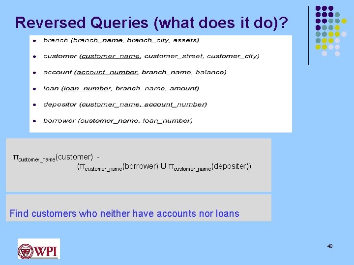 Reversed Queries (what does it do)? πcustomer_name(customer) (πcustomer_name(borrower) U πcustomer_name(depositer)) Find customers who neither