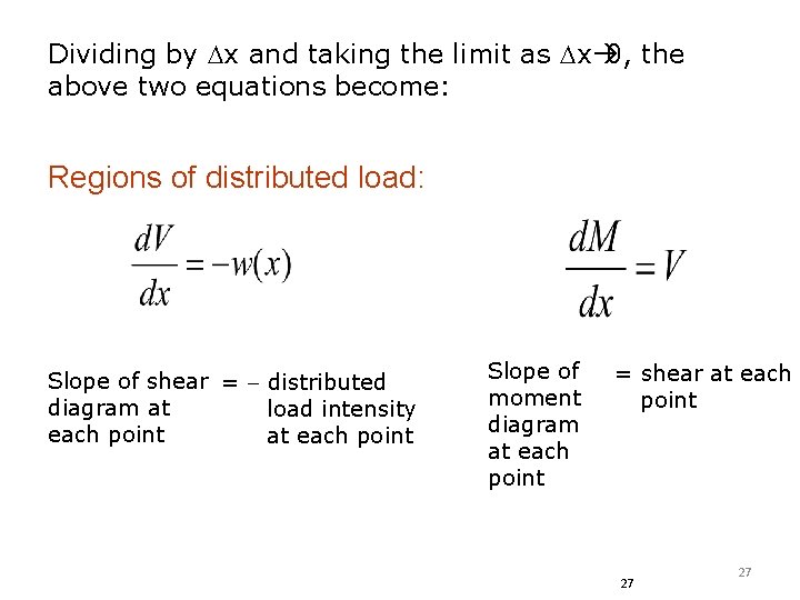 Dividing by Dx and taking the limit as Dxà 0, the above two equations