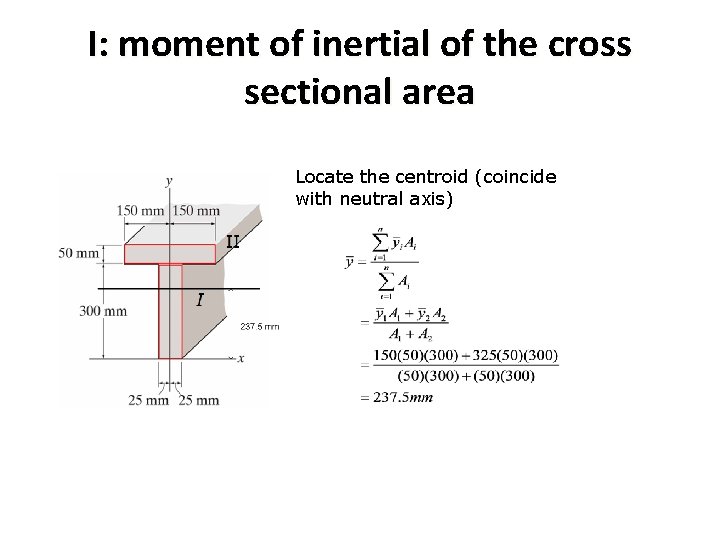I: moment of inertial of the cross sectional area Locate the centroid (coincide with I: moment of inertial of the cross sectional area Locate the centroid (coincide with