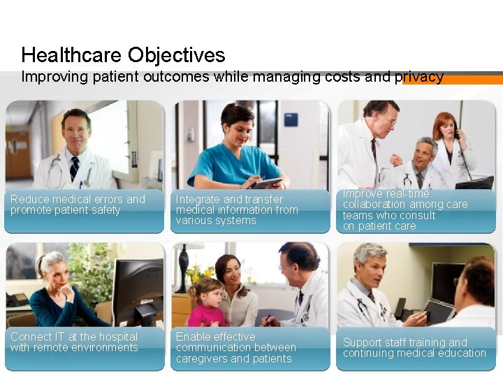 Healthcare Objectives Improving patient outcomes while managing costs and privacy Reduce medical errors and