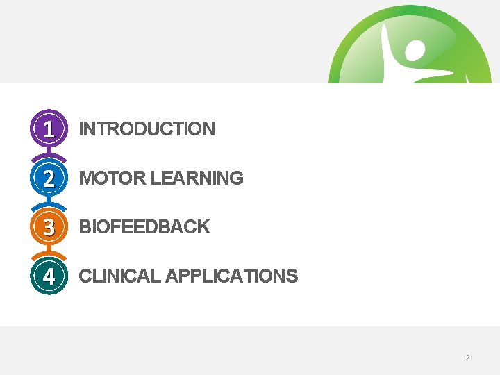 1 INTRODUCTION 2 MOTOR LEARNING 3 BIOFEEDBACK 4 CLINICAL APPLICATIONS 2 