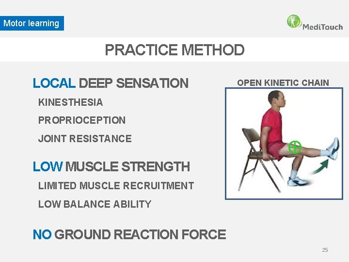 Motor learning PRACTICE METHOD LOCAL DEEP SENSATION OPEN KINETIC CHAIN KINESTHESIA PROPRIOCEPTION JOINT RESISTANCE