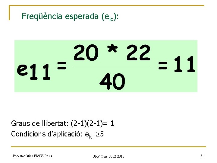 Freqüència esperada (elc): Graus de llibertat: (2 -1)= 1 Condicions d’aplicació: elc 5 Bioestadística