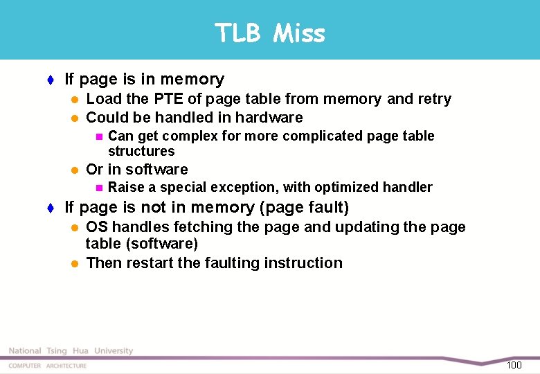 TLB Miss t If page is in memory l l Load the PTE of