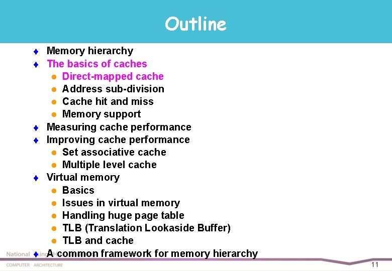 Outline t t t Memory hierarchy The basics of caches l Direct-mapped cache l
