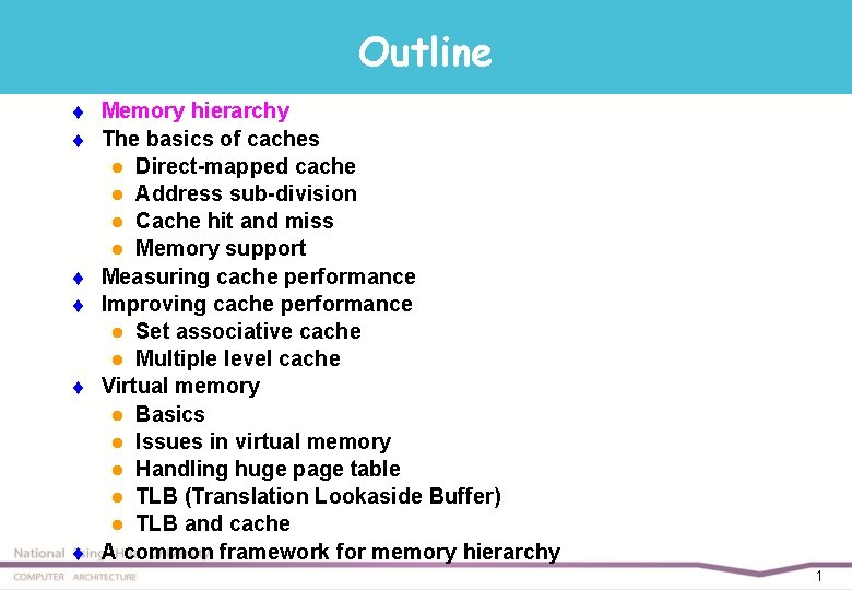 Outline t t t Memory hierarchy The basics of caches l Direct-mapped cache l