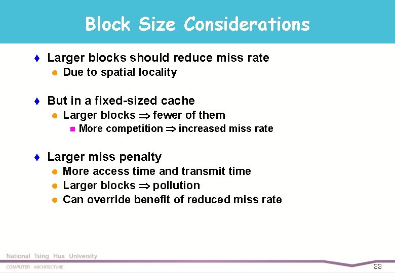 Block Size Considerations t Larger blocks should reduce miss rate l t Due to