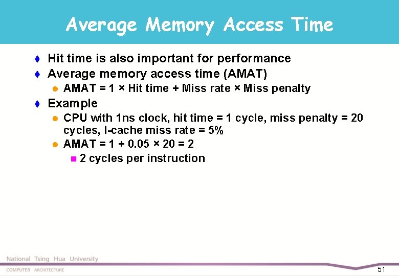 Average Memory Access Time t t Hit time is also important for performance Average