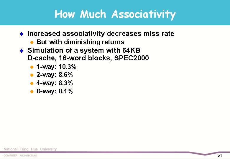 How Much Associativity t Increased associativity decreases miss rate l t But with diminishing