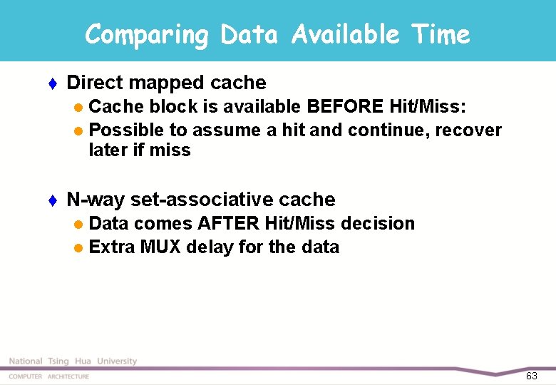 Comparing Data Available Time t Direct mapped cache Cache block is available BEFORE Hit/Miss: