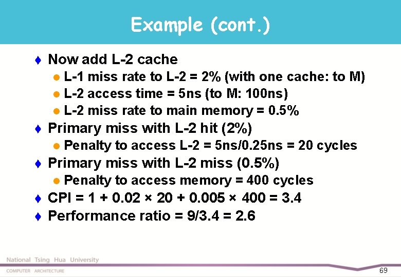 Example (cont. ) t Now add L-2 cache L-1 miss rate to L-2 =