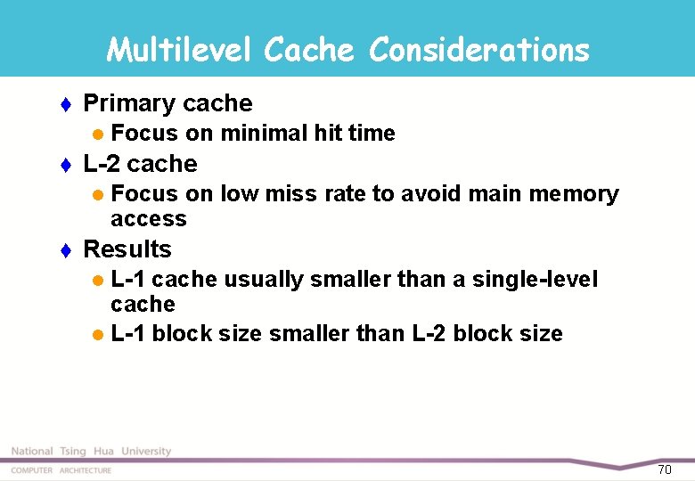 Multilevel Cache Considerations t Primary cache l t L-2 cache l t Focus on