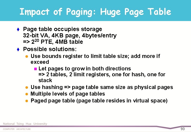Impact of Paging: Huge Page Table t t Page table occupies storage 32 -bit