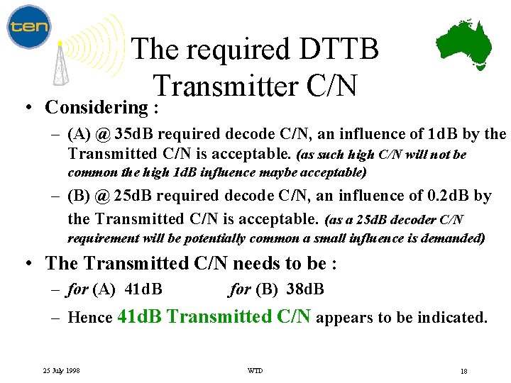 The required DTTB Transmitter C/N • Considering : – (A) @ 35 d. B