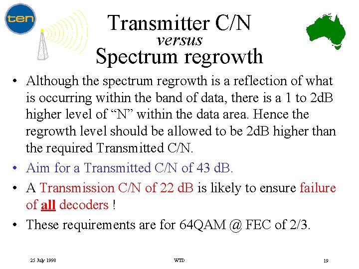 Transmitter C/N versus Spectrum regrowth • Although the spectrum regrowth is a reflection of