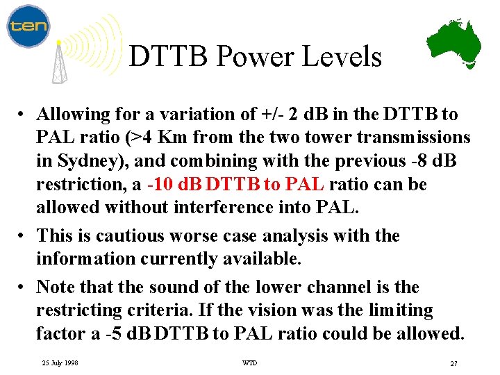 DTTB Power Levels • Allowing for a variation of +/- 2 d. B in