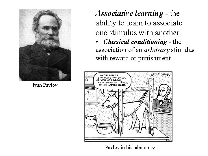 Associative learning - the ability to learn to associate one stimulus with another. •
