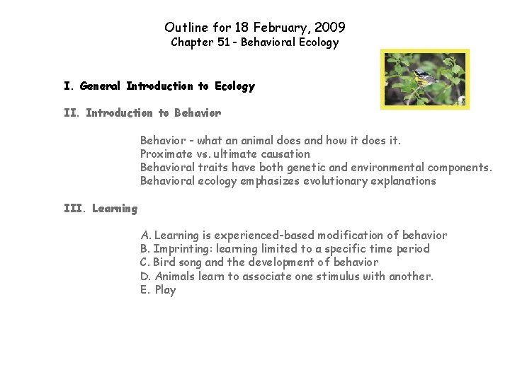 Outline for 18 February, 2009 Chapter 51 - Behavioral Ecology I. General Introduction to