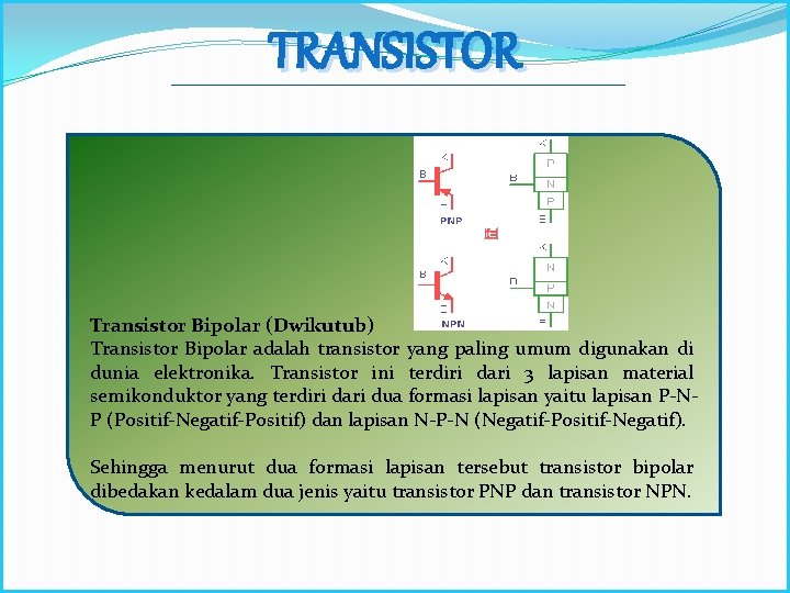 TRANSISTOR Transistor Bipolar (Dwikutub) Transistor Bipolar adalah transistor yang paling umum digunakan di dunia