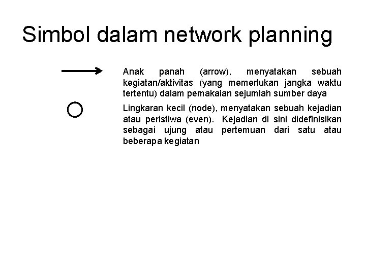 Simbol dalam network planning Anak panah (arrow), menyatakan sebuah kegiatan/aktivitas (yang memerlukan jangka waktu Simbol dalam network planning Anak panah (arrow), menyatakan sebuah kegiatan/aktivitas (yang memerlukan jangka waktu