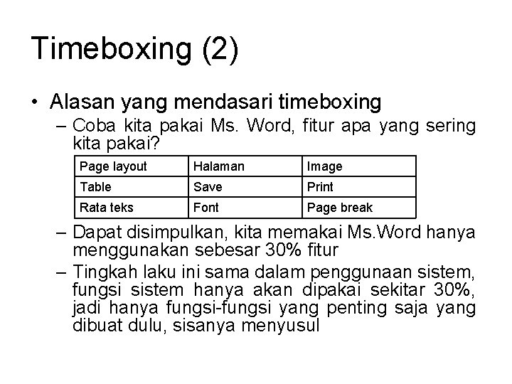 Timeboxing (2) • Alasan yang mendasari timeboxing – Coba kita pakai Ms. Word, fitur Timeboxing (2) • Alasan yang mendasari timeboxing – Coba kita pakai Ms. Word, fitur