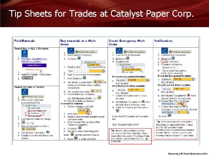 Tip Sheets for Trades at Catalyst Paper Corp. Mastering SAP Plant Maintenance 2009 