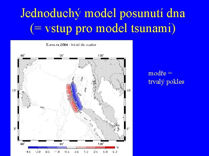 Jednoduchý model posunutí dna (= vstup pro model tsunami) modře = trvalý pokles 