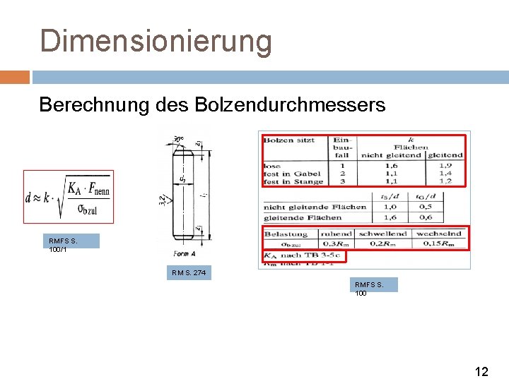 Dimensionierung Berechnung des Bolzendurchmessers RMFS S. 100/1 RM S. 274 RMFS S. 100 12