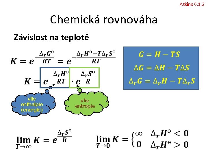 Atkins 6. 1. 2 Chemická rovnováha Závislost na teplotě vliv enthalpie (energie) vliv entropie