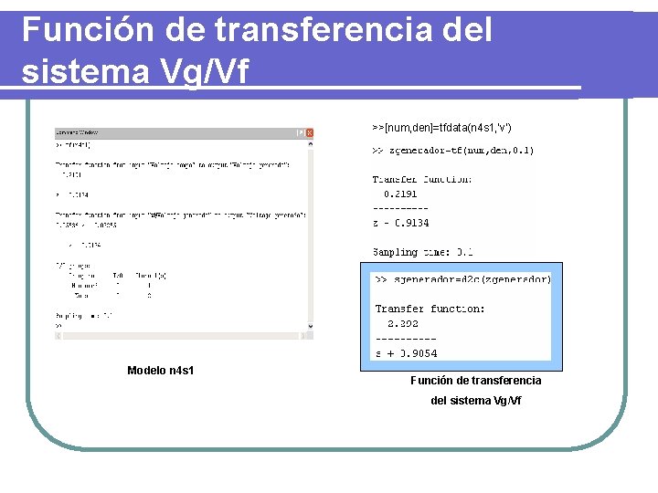 Función de transferencia del sistema Vg/Vf >>[num, den]=tfdata(n 4 s 1, ’v’) Modelo n