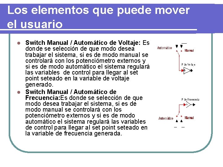 Los elementos que puede mover el usuario Switch Manual / Automático de Voltaje: Es