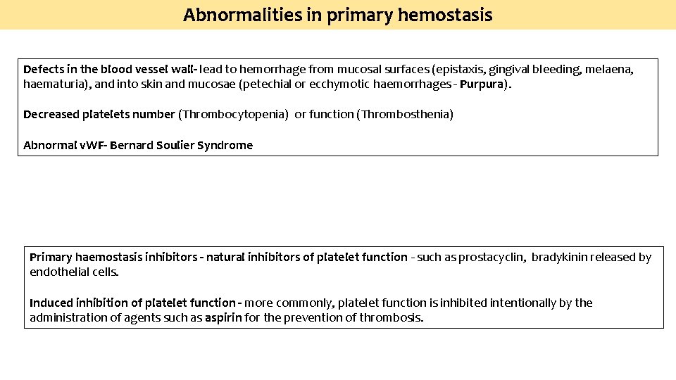 Abnormalities in primary hemostasis Defects in the blood vessel wall- lead to hemorrhage from