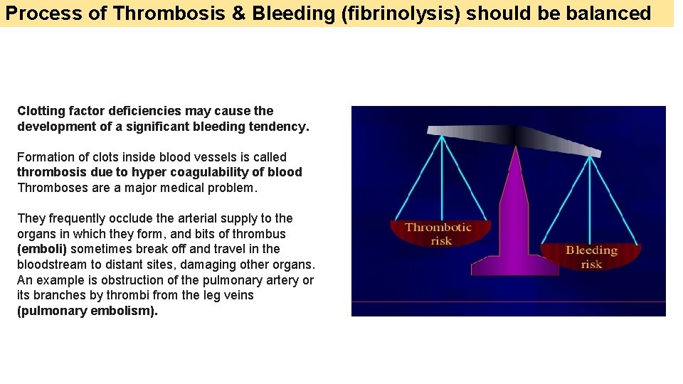 Process of Thrombosis & Bleeding (fibrinolysis) should be balanced Clotting factor deficiencies may cause