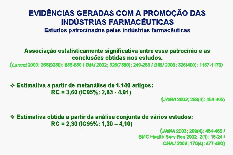 EVIDÊNCIAS GERADAS COM A PROMOÇÃO DAS INDÚSTRIAS FARMACÊUTICAS Estudos patrocinados pelas indústrias farmacêuticas Associação