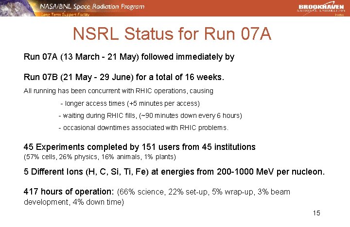 NSRL Status for Run 07 A (13 March - 21 May) followed immediately by