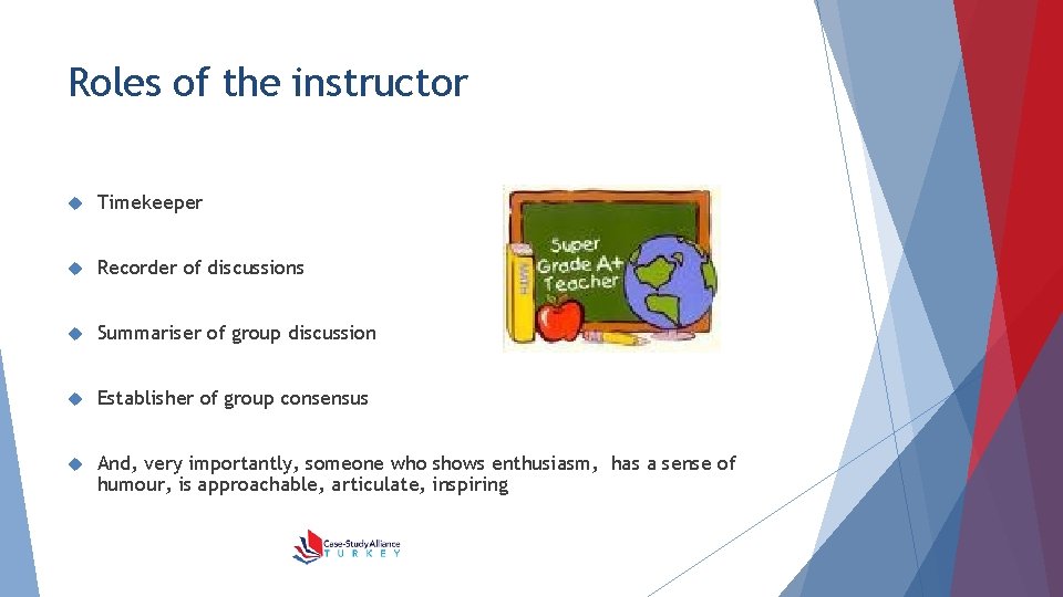 Roles of the instructor Timekeeper Recorder of discussions Summariser of group discussion Establisher of