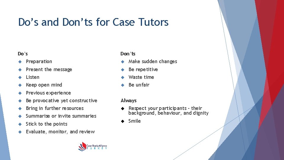Do’s and Don’ts for Case Tutors Do’s Don’ts Preparation Make sudden changes Present the