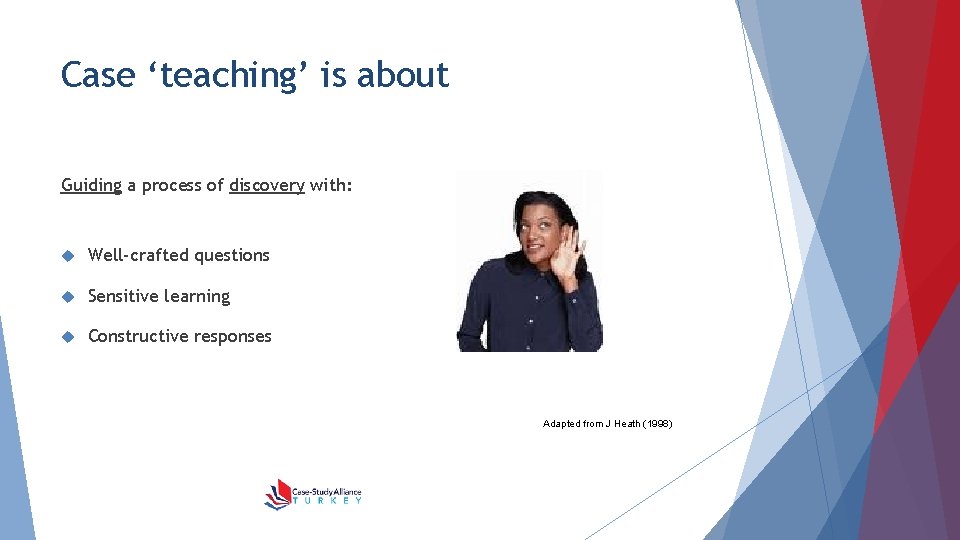Case ‘teaching’ is about Guiding a process of discovery with: Well-crafted questions Sensitive learning