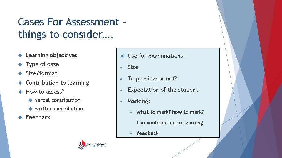 Cases For Assessment – things to consider…. Learning objectives Type of case Size/format Contribution