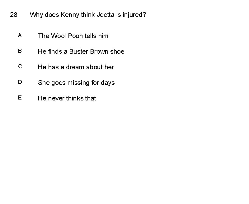 28 Why does Kenny think Joetta is injured? A The Wool Pooh tells him